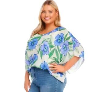 Karen Kane Floral Scoop Neck Asymmetric 3/4 Bell Sleeve Blouse Size 2X